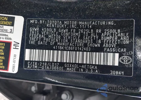 2015 Toyota Avalon Xle z USA, uszkodzony, nr VIN 4T1BK1EB6FU142403